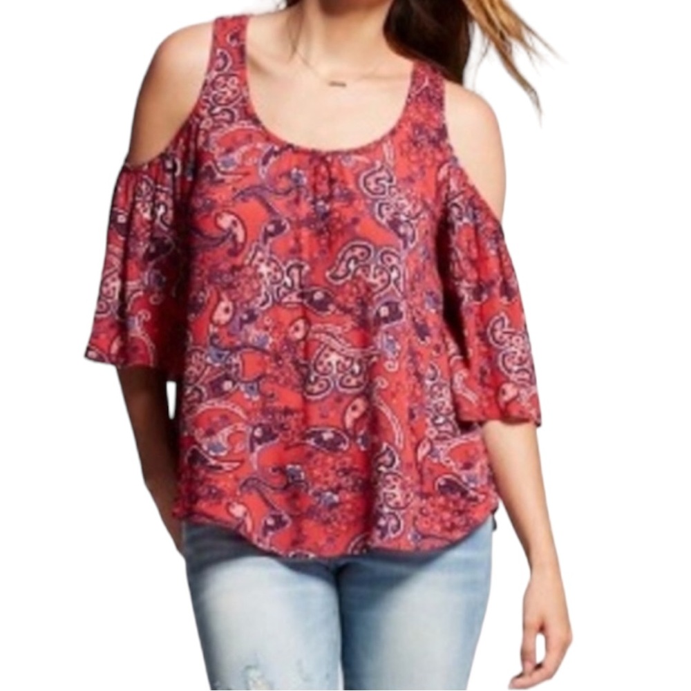 Mossimo Supply Co Women's paisley print cold shoulder ruffle blouse, Sz M